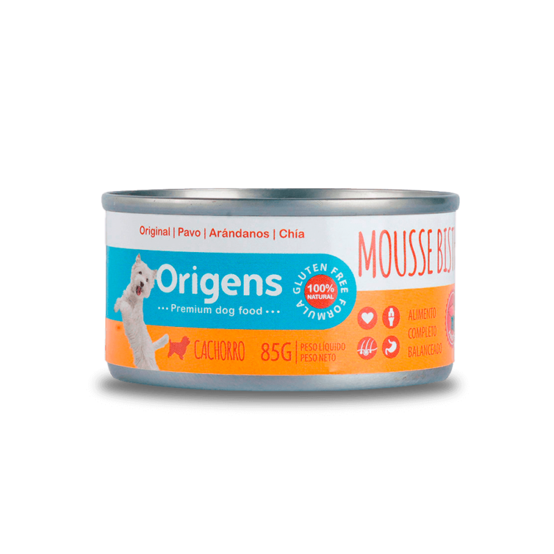 Origens Mousse para perro cachorro sabor Pavo, arandanos y chia x 85 gramos